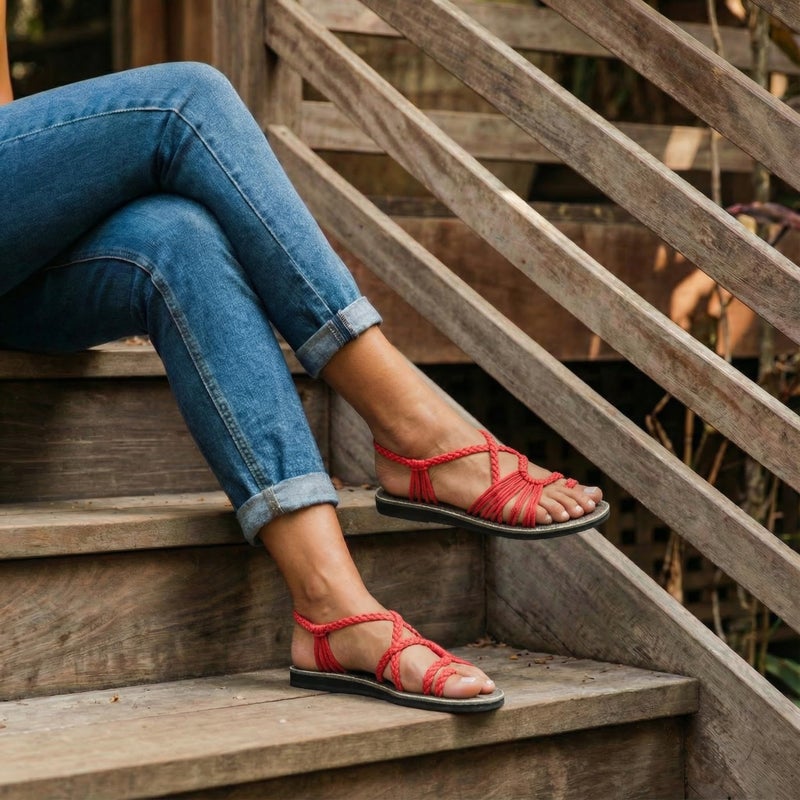 Plaka Palm Leaf Flat Summer Sandals for Women | Perfect for The Beach Walking & Dressy Occasions | Coral Red | Size 7 - Image 4